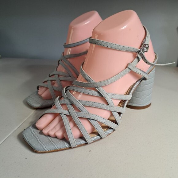 Sam Edelman Daffodil Gray Leather Croc Embossed Strappy Block Heel Sandals 9M - Picture 4 of 10